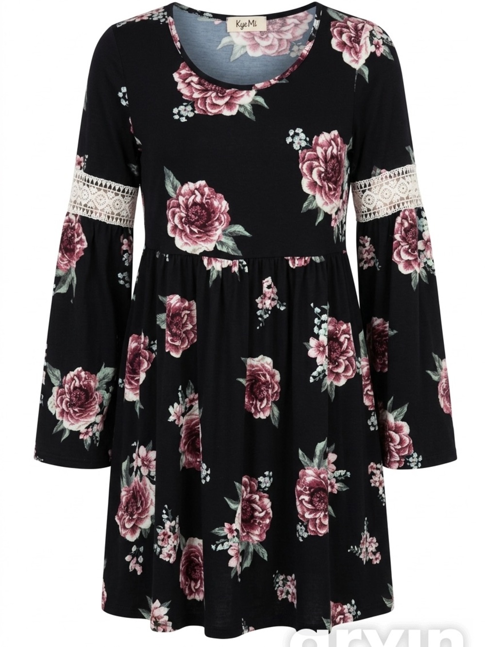 ' Black Floral Lace-Trim Babydoll Dress